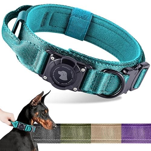2025 Upgrade Waterproof AirTag Dog Collar, Military Tactical Dog Collar with AirTag Holder, Comfortable Control Handle and Metal Buckle, GPS Dog Collar Holder for Medium to Large Dogs (Blue,L)