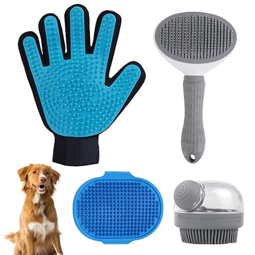 4Pcs Dog Shower Grooming Kit, Soft Silicone Pet Shampoo Massage Dispenser Brush, Adjustable Soothing Rubber Brush, Self-Cleaning Slicker Comb, Gentle Deshedding Brush Glove for Cats & Dogs