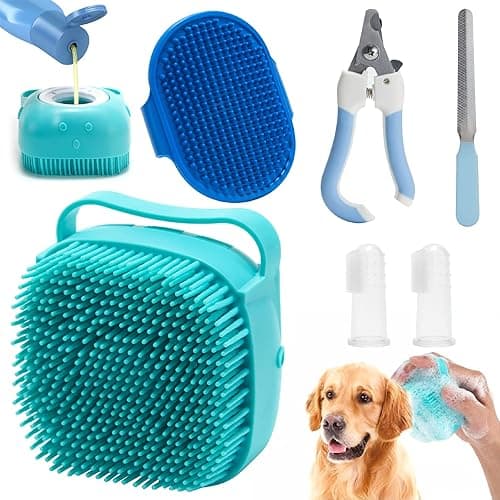 6Pcs Dog Bath Brush, Soft Silicone Pet Shampoo Massage Dispenser Grooming Shower Brush, Pet Finger Toothbrush, Nail Clippers and Nail File for Dogs and Cats Shower Grooming