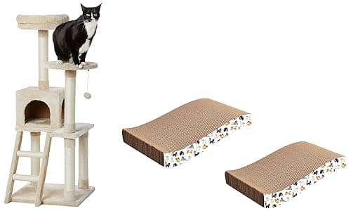 Amazon Basics Multi-Level Cat Tree Indoor Climbing Activity Cat Tower, 19 x 19 x 50 Inches, Beige & Amazon Basics Cat Scratch Pad with Catnip, Pack of 2