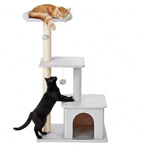 Amazon Basics Premium Imported Baby Blue Cat Tree | XL | Tall Perch 3 Level with Cat House, Hanging Ball and Scratching Posts