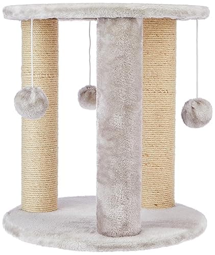 Amazon Basics Round Cozy Cat Tree | 43.6 X 49 CM | Beige | Natural Jute Fiber Round Cat Tower | Rope Scratching Posts With Hanging Balls | Long-Lasting Quality
