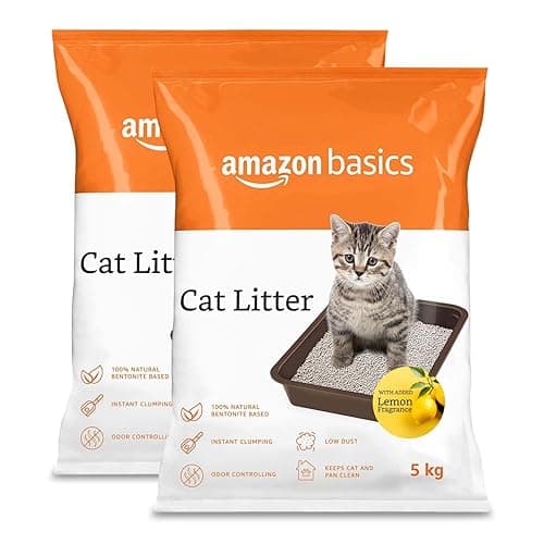 Amazon Basics Scoopable Smart White Bentonite Cat Litter | Lemon Fragrance | Scented Cat Litter | 5Kg - Pack of 2