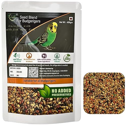 Bird Food for Budgies,Handpicked Premium Seed Mix for Budgies 9 Grains & Nuts 450 Gram, Enriched with Cuttlefish Bone Grits,Feed for Budgerigars
