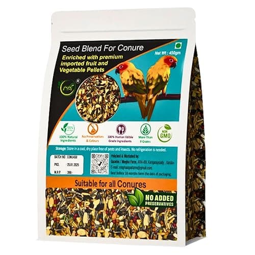 Bird Food for Conures 1 kg |Exotic Seed Blend with Real Fruit & Veggie Pellets | Premium & Natural Vitamins Enriched Daily Diet for Sun Conures, Cockatiels & Small to Medium Parrots| All Life Stage
