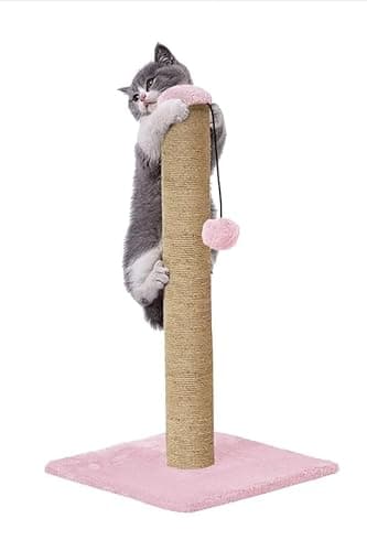 Cat Scratching Post, Jute Rope Covered, Tall, with Hanging Ball Toy (Pink - FURR-16X28)