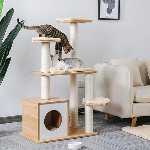 Cat Tree for Cats and Kittens/Sturdy/Hard Wood/Sisal Jute/Cat Tree Indoor Climbing Activity Cat Tower with Scratching Posts, Cave