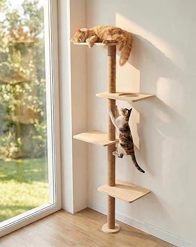Cat Tree Wall Mounted,Tall Scratching Post for Indoor Cats Climbing Tower Activity Wood Cat Wall Furniture(Wood)