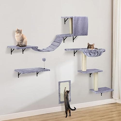 Cat Wall Furniture,Wall-Mounted Cat Climber Set with Cat Wall Shelves, Perches, Condo House, Ladder, Scratching Board & Tree - 5 Pcs Wood Indoor Cat Furniture for Play (Light Grey)