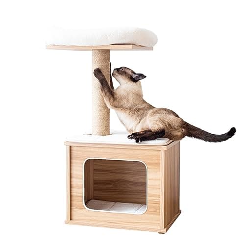 Catry 29.7" Tall 3 Level Laminated Wood Cat Tree with Large Base Condo, 2 Paded Steps, Natural Jute Scratching Post, Sturdy and Easy to Assemble for Small Cat (Brown)