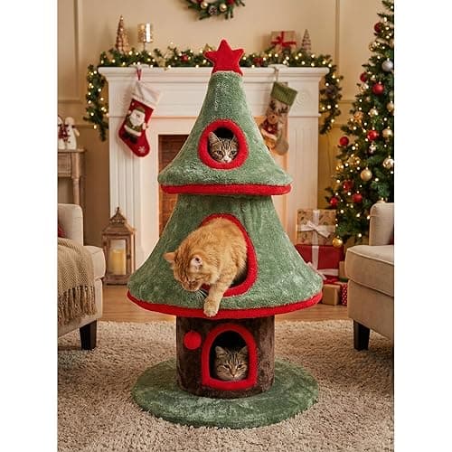 Christmas Tree Cat Tower, Green and Red, Fur Fabric, Multi-Level with Scratching Posts, Holiday Theme, Hideaway and Napping Spaces (xmas-02)