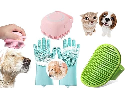 Combo Of 3 Pcs Silicone Dog Bathing Hand Gloves (Pair) & Pet Dog Bath Brush Soft Silicone Shampoo Massage Brush,Hair Fur Grooming Cleaning Brush Shampoo Dispenser For Dogs Cats Rabbit