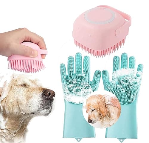 Combo of Silicone dog bathing hand gloves (Pair) & Pet Dog Bath Brush Soft Silicone Shampoo Massage Brush, Hair Fur Grooming Cleaning Brush Daily Uses Soft Shampoo Dispenser For Dogs, Cats, Rabbit