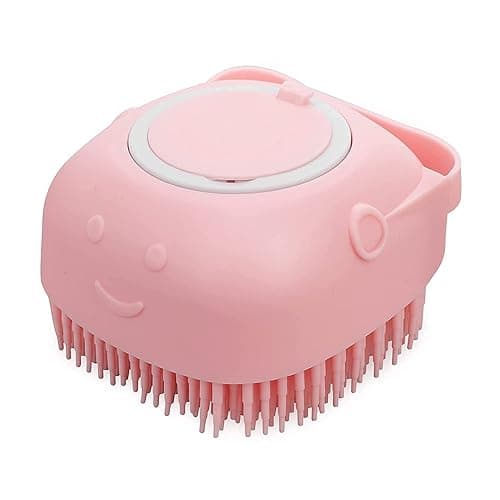 Dog Cat Bath Brush Comb Silicone Manual Rubber Grooming Puppy Body Massage Handheld Massager Brush Hair Fur Cleaning Brush Soft Shampoo Dispenser (PINK)