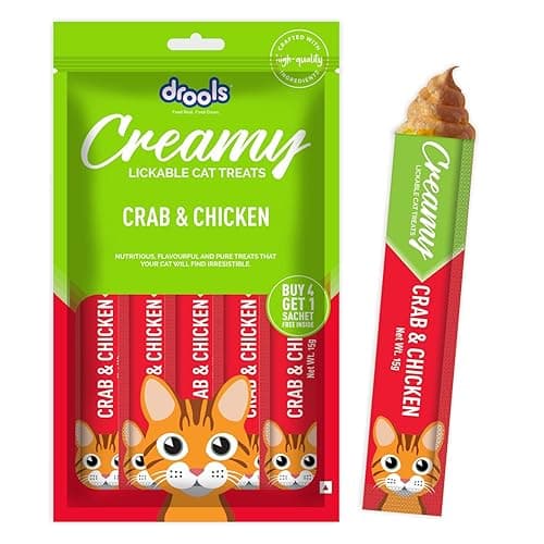 Drools All Life Stages Creamy Lickable Cat Treat (75g x 5 Sticks,375g) Pack of 5 | Crab & Chicken Flavour | Easy to Hand Feed | All Life Stages | Enriched with Vitamins