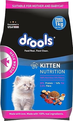 Drools Kitten Dry Cat Food 4kg Pack (3kg + 1kg food Free Inside) | Ocean Fish Flavour | Promotes Optimum Growth | Better Digestibility | Controls Urinary Ph | Healthy Skin and Lustrous Coat