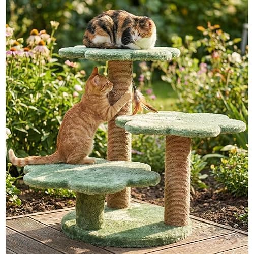 Flower Cat Tree Tower with Scratching Posts, Multi-Level, Grey Plush, Natural Jute Rope, 22 inch Height, 16 inch Base (FURR-20) (Green)