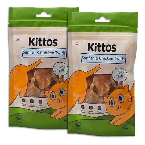 Kittos Sunfish & Chicken Twirls Cat Treats | High Protein Low Fat Healthy Snack | Easily Digestible Natural Dry Treat for Cats of All Life Stages | 35g Each (Pack of 2)