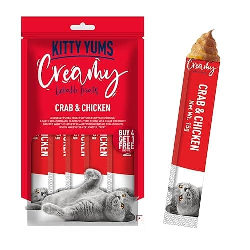 Kitty YUMS Kitten & Adult Creamy Lickable Cat Treat (75g x 5 Sticks, 375g) Pack | Crab and Chicken Flavour | Taurine for Heart & Vision | Promotes Hydration | Antioxidants Boost Immunity
