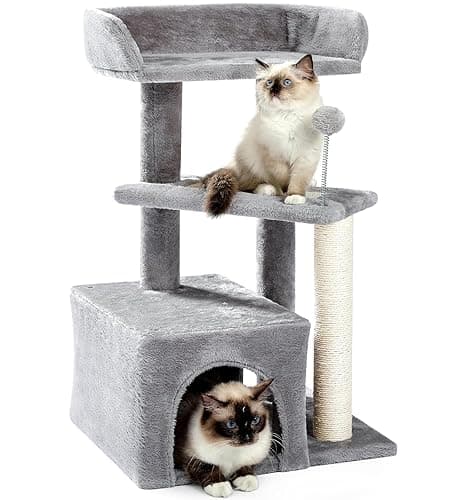 Made4Pets Cat Tree, Carpet Cat Tower Grey for Indoors Cats, Cute Wood Kitty Condo with Scratching Post and Pad, 29" Multi-Level Modern Activity Climbing Furniture for Small and Medium Cats