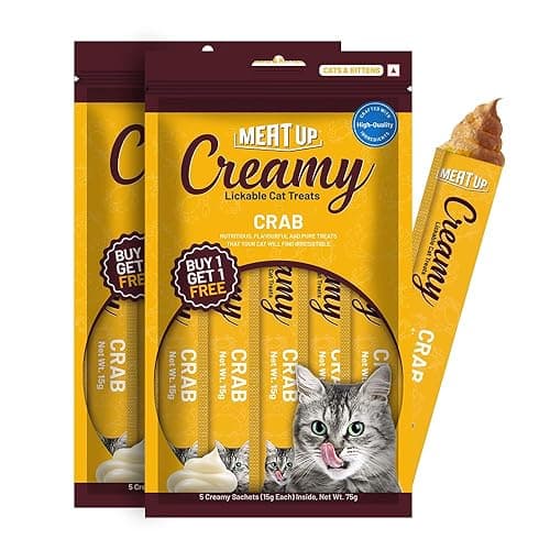 Meat Up Cat Creamy Lickable Treat (15 x 5g) 75g + 75g (Free) 150g | Crab Flavour | Buy 1 Get 1 | All Breeds | Taurine for Healthy Heart | Healthy Skin & Coat | Supports Muscle Health