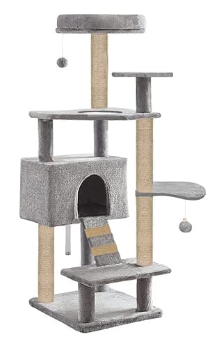 Mellifluous Fur Condo Activity Cat Kitten Tree - Jute Rope, Detachable Bed, Multilevel, Climbing Ladder, Dangling Balls, Scratching Posts (Height 51 Inch) (Grey)