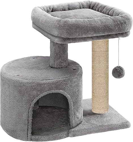 Mellifluous Fur Fabric Activity Kitten Cat Tree - Condo | Top Bed | Furry Ball | Jute Rope Scratching Post (M, Grey) (Condo 16 x 16 Inch) (Height 22 Inch)
