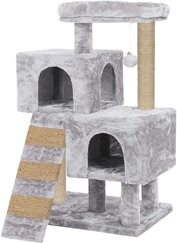 Mellifluous Scratching Posts Kitten Cat Tree - Ladder | Pompom Ball | Fur Fabric | Condo Houses | Jute Rope (Grey, Large) (Height 35 Inch)