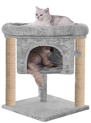 Mellifluous Velvet Scratching Post Kitten Activity Cat Tree | Plush fur Fabric | Hanging Ball | Condo & Detachable Bed | Jute Covered Rope | Suitable for Cats (Grey, Large) (Height 28 Inch)