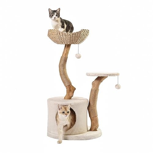 Modern Cat Tree for Indoor Small Cats - Real Wood Cat Tower with Scratch Post, Hiding Enclosure - Unique, Boho,White