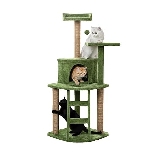 Multi-Level Cat Tree Tower, 47 Inch Tall Green Plush Condo with Natural Jute Posts, Platforms, Perches, 19 Inch Base (FURR-49) (Green)