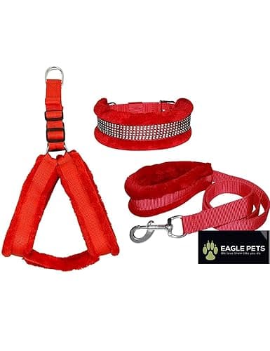 Nylon Fur Dog Harness , Dog Collar & Leash . Adjustable (Medium, Red)