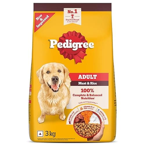 Pedigree Adult Dry Dog Food, Meat & Rice, 3 kg, Contains 37 Essential Nutrients, 100% Complete & Balanced Food for Adult Dogs