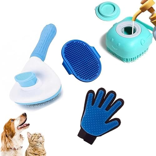 Pet Grooming Kit – Slicker Brush, Silicone Shampoo Dispenser, Palm & Glove Brush | Color May Vary| Dog & Cat Hair Remover, Bath & Massage Tools for Shedding | Puppy & Kitten Combo (Pack of 4)