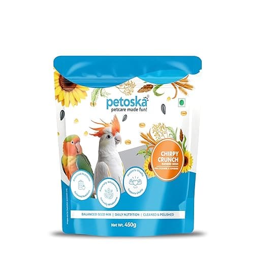 Petoska Chirpy Crunch Blended Seeds | Cockatiel & Lovebirds | Balanced Nutrition | Natural Seed Mix with Millets, Sunflower & Safflower | 450 g