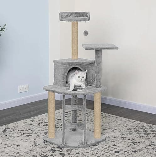 Plush Fur Fabric Kitten Cat Tree - Climbing Ladder | Top Perch | Spacious Condo | Furry Ball | Jute Rope Scratching Posts (Medium) (Grey - FURR-49)