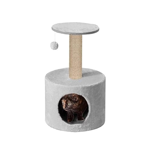 Plush Fur Fabric Kitten Cat Tree - Condo | Hanging Ball | Jute Rope Scratching Posts | for Small Cats & Kittens (Height 26 Inch) (Grey - FURR-29)