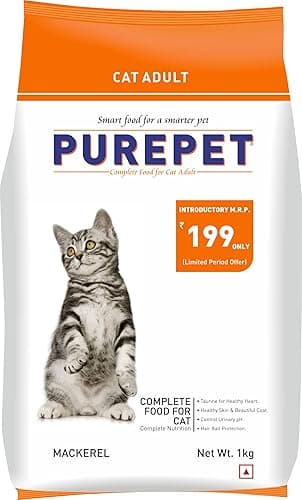 Purepet Adult Dry Cat Food 1 kg Pack | Mackerel Flavour | Hair Ball Protection | Heart Care | Skin Health | Taurine for Healthy Heart
