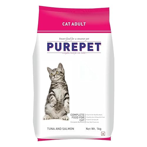 Purepet Adult Dry Cat Food 1 kg Pack | Tuna & Salmon Flavour | Hair Ball Protection | Heart Care | Skin Health | Taurine for Healthy Heart