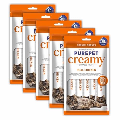 Purepet Creamy Lickable Cat Treats 375g (5 x 75g) | Real Chicken Flavour | Supports Skin & Coat Health | Easy Digestion | Aids Brain & Vision Development