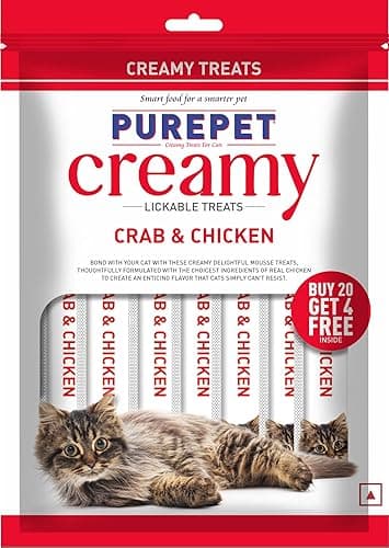 Purepet Creamy Lickable Cat Treats(15g x 24 Pieces) 360g | Crab & Chicken Flavour | Rich in Protein | Taurine for Heart & Vision | Ideal for Training | Promotes Hydration| for Kitten & Adult Cats