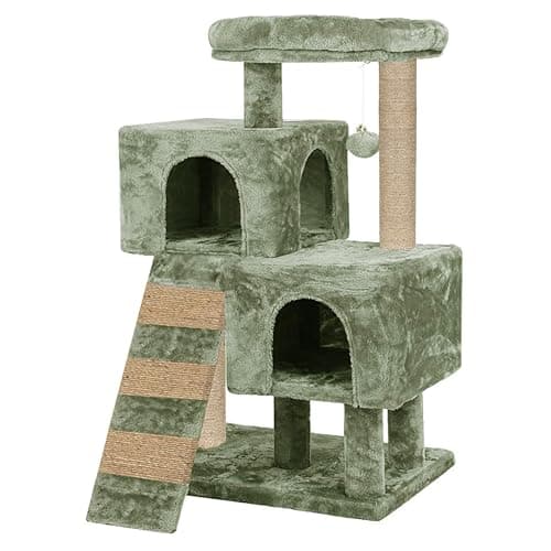 Scratching Posts Kitten Cat Tree - Ladder | Pompom Ball | Fur Fabric | Condo Houses | Jute Rope (Height 35 Inch) (Green - FURR - 46)