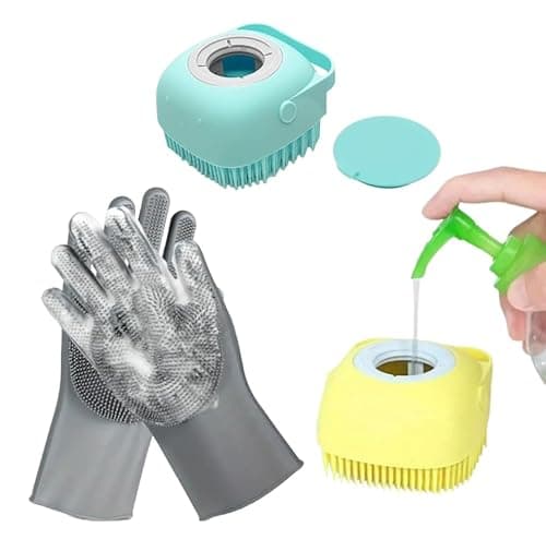 Silicon pet [dog+cat] bathing hand gloves + Pet Grooming Bath Brush Silicone Dog Shampoo Brush, Brush Hair Fur Grooming Cleaning Brush Soft Shampoo Dispenser Multicolour Pet Grooming Accessories. Pair of silicone gloves and silicone brush used for better grooming experience of pets