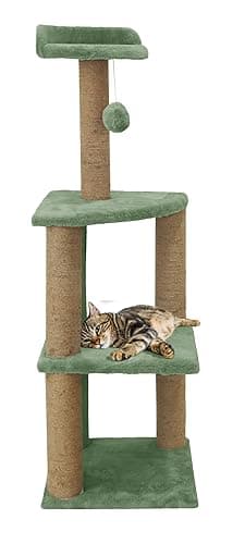 Soft Fur Activity Cat Tree for Kittens & Cats - Scratching Post, Natural Rope, Three Floor Tower, Hanging Ball (Height 47 Inch) (Green - FURR-41)