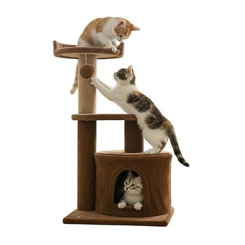 Soft Fur Activity Scratching Post/Cat Tree for Kittens & Cats - Natural Sisal Rope Two Floor Tower (Height 33 Inch) (Brown)(FURR-2FLOOR)