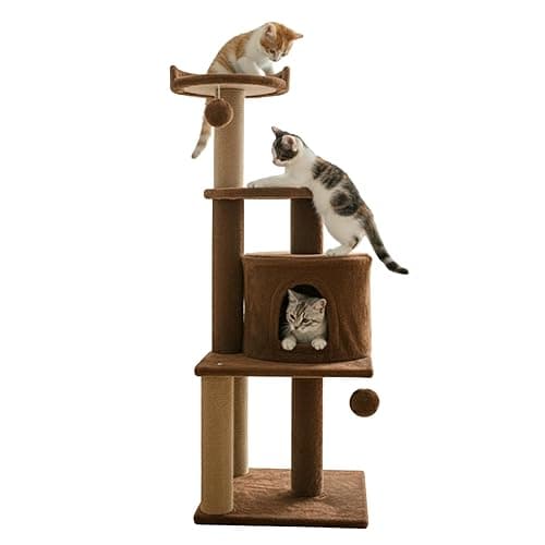 Soft Fur Activity Scratching Post/Cat Tree for Kittens & Cats - Natural Sisal -RopeTriple Platform Tower (Height 43 Inch) (Brown - FURR-3FLOOR)