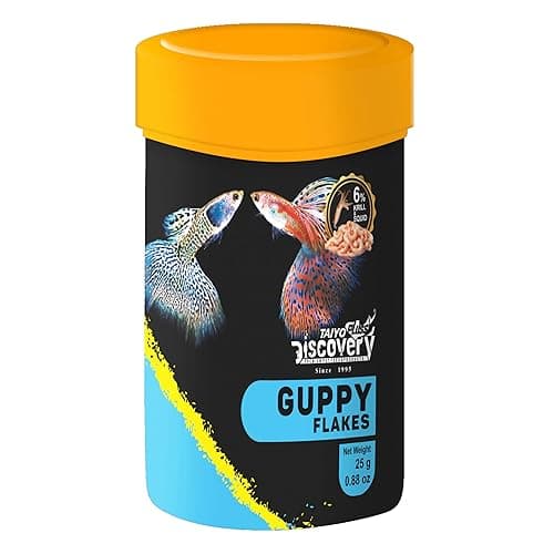 Taiyo Pluss Discovery Guppy Colour Mini Flakes Fish Food - 25 g (Pack of 1) | Premium Slow Sinking Diet for Fishes with Krill & Squid for Active Growth & Coloration