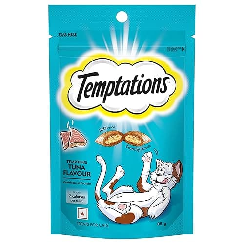 Temptations Crunchy Cat Treats, Tempting Tuna Flavour, 85 g, Goodness of Protein, Vitamins & Minerals, Soft Inside Crunchy Outside, Adult, Pebbles