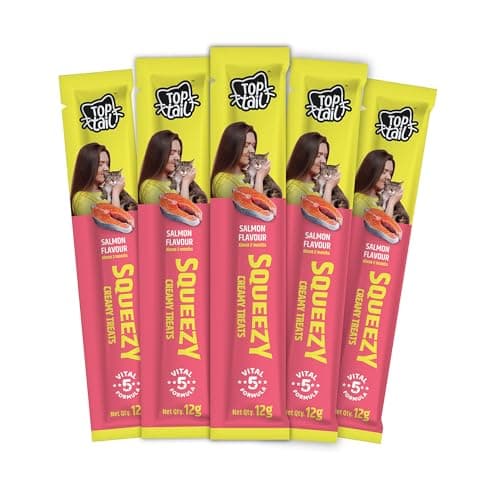 Toptail Cat Treats Salmon Flavour - 60 Grams (12g x 5 Sachets), Squeezy Creamy Lickable Treats for Cats, Rich in Omega-3 & 6 Fatty Acids