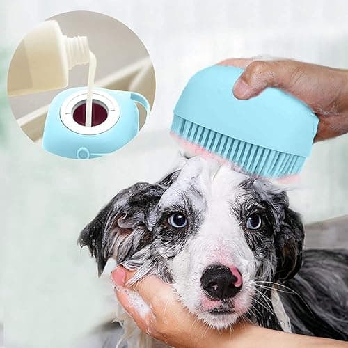Upgraded Dog Bath Brush,Best Pet Bathing Tool for Dogs,Soft Silicone Grooming Brush Bristles Give Pet Gentle Massage,Extra Shampoo Dispenser(Blue)